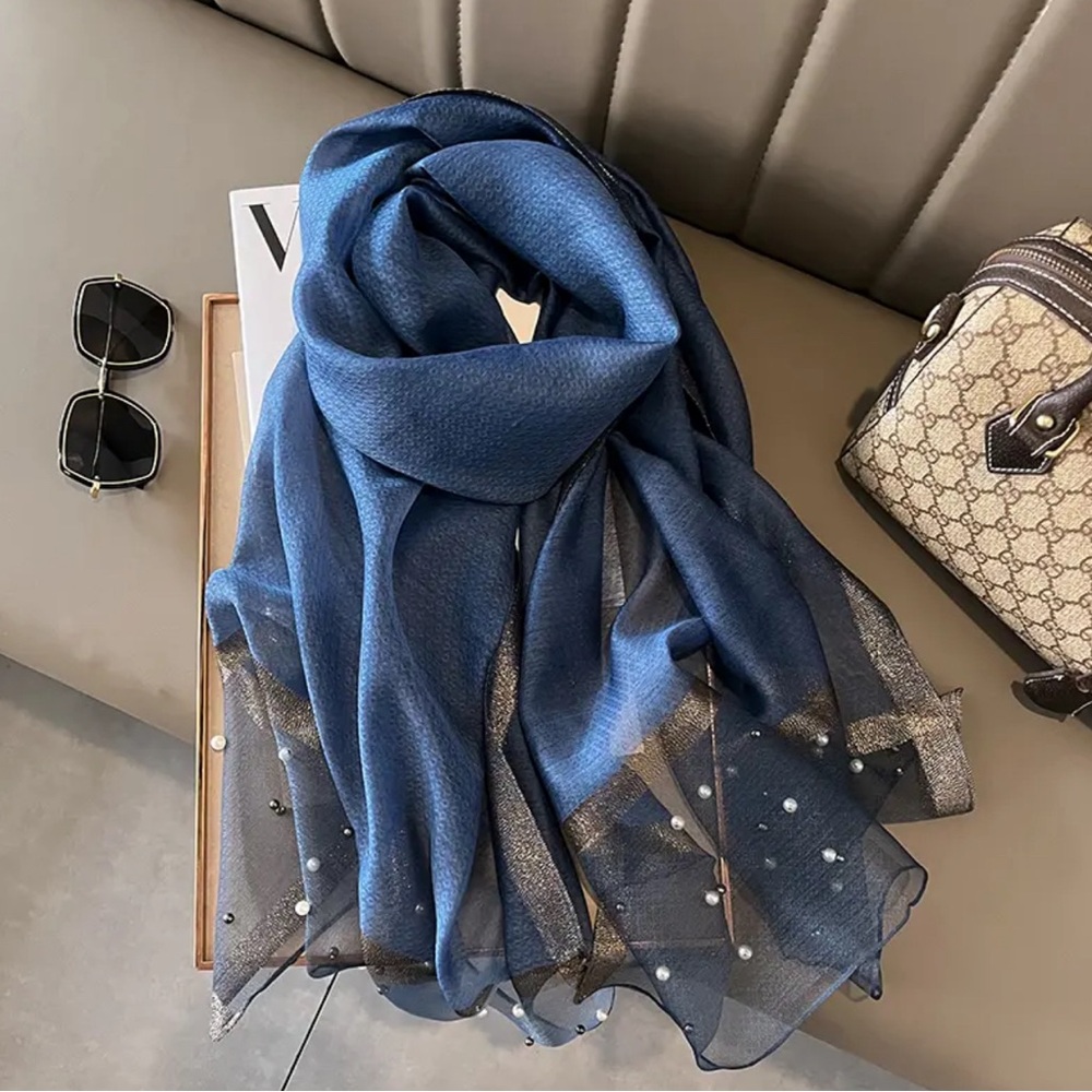 NWT High Quality Faux Linen Silk Scarf Shawl Embroidered Embroidery Pearl Navy